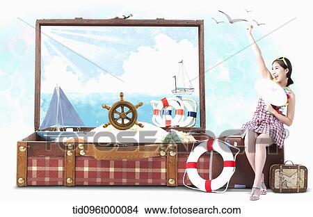 Stock Illustration - a girl with baggage full of beach wear. Fotosearch
