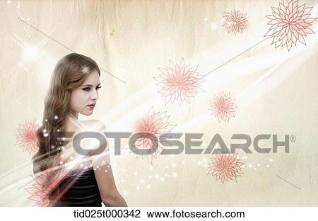 Drawing - a lady in black dress in flower back ground. Fotosearch