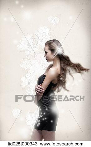 Drawing - a lady in black dress in flower back ground. Fotosearch