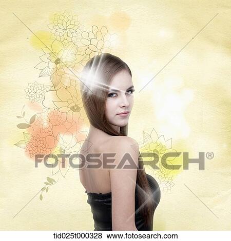 Stock Illustration - a lady in black dress in flower back ground. Fotosearch