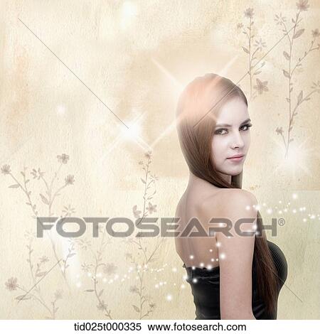 a lady in black dress in flower back ground View Large Illustration Stock Illustration - a lady in black dress in flower back ground. Fotosearch