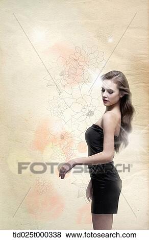 a lady in black dress in flower back ground View Large Illustration Stock Illustration - a lady in black dress in flower back ground. Fotosearch