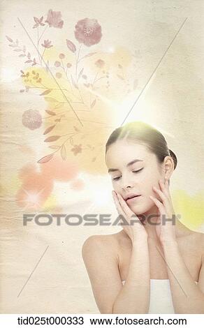 a lady in white dress in flower back ground View Large Illustration Drawing - a lady in white dress in flower back ground. Fotosearch