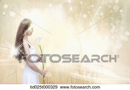 a lady in white dress in flower back ground View Large Illustration Stock Illustration - a lady in white dress in flower back ground. Fotosearch