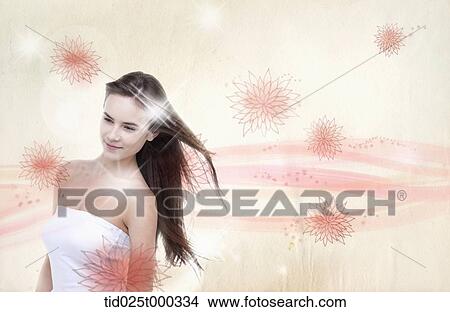 Stock Illustration - a lady in white dress in flower back ground. Fotosearch
