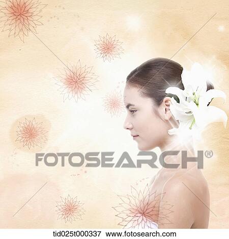 a lady in white dress in flower back ground View Large Illustration Stock Illustration - a lady in white dress in flower back ground. Fotosearch