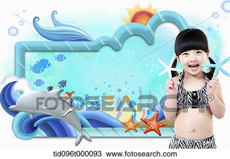 Drawing - a little girl with beach ware. Fotosearch