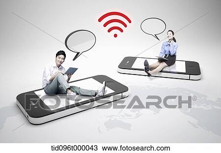 Drawing - a man and a woman sitting on mobile phones. Fotosearch