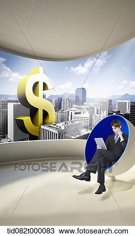Drawing - a man sitting in a chair with a city as a background. Fotosearch