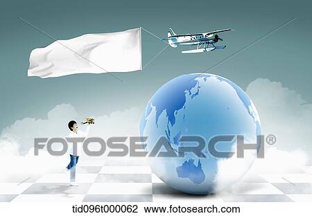 Drawing - a plane with a banderol on top of the globe. Fotosearch