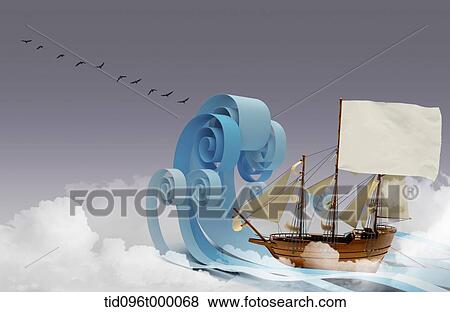 Stock Illustration - a ship facing huge waves. Fotosearch