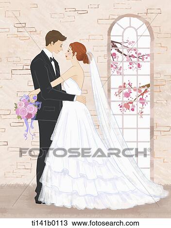 Drawing - a wedding couple hugging. Fotosearch