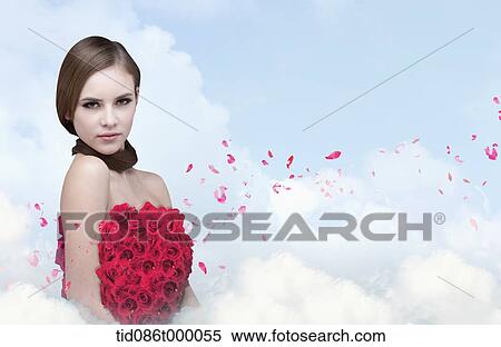 a woman dressed in red flowers in the clouds View Large Illustration Stock Illustration - a woman dressed in red flowers in the clouds. Fotosearch