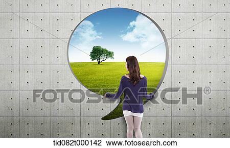 a woman looking put from a circle shaped window View Large Illustration Drawing - a woman looking put from a circle shaped window. Fotosearch