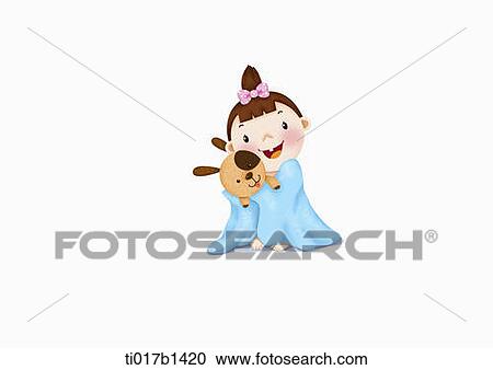 an illustration of a baby playing with a bunny View Large Illustration Clipart - an illustration of a baby playing with a bunny. Fotosearch