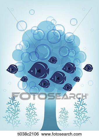Stock Illustration - an illustration of a blue tree with fishes. Fotosearch