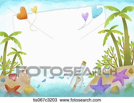 Drawing - an illustration of a bottle message. Fotosearch