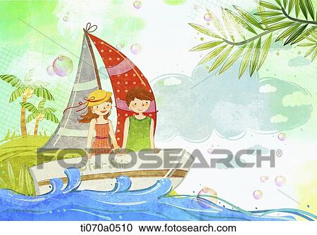 an illustration of a boy and a girl at the sea View Large Illustration Clipart - an illustration of a boy and a girl at the sea. Fotosearch