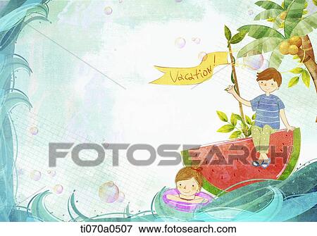 Stock Illustration - an illustration of a boy and a girl at the sea. Fotosearch
