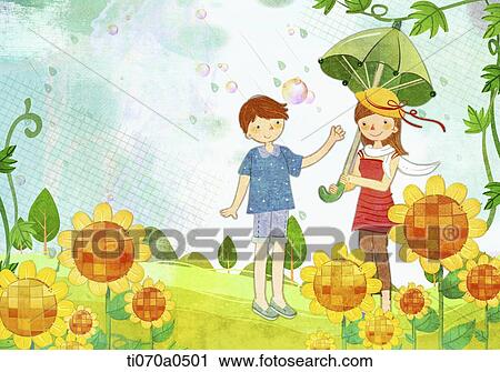 Clip Art - an illustration of a boy and a girl. Fotosearch