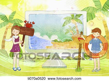 Clipart - an illustration of a boy and a girl with a huge screen. Fotosearch
