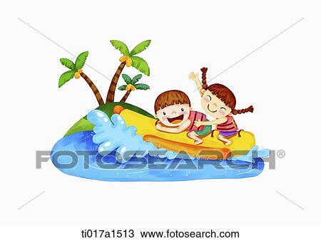 Drawing - an illustration of a boy and a girl playing in the water. Fotosearch