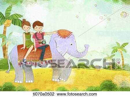 an illustration of a boy and a girl ring an elephant View Large Illustration Drawing - an illustration of a boy and a girl ring an elephant. Fotosearch