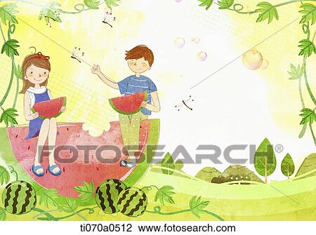 Drawing - an illustration of a boy and a girl eating a watermelon. Fotosearch