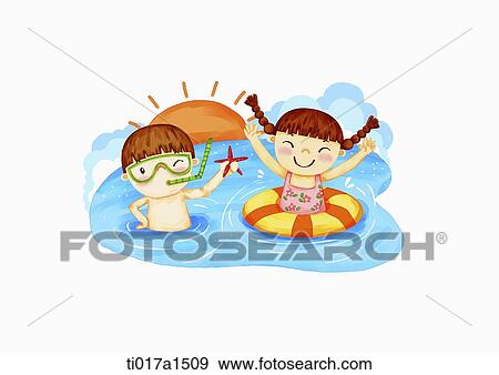 Stock Illustration - an illustration of a boy and a girl in the water. Fotosearch