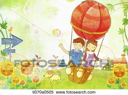an illustration of a boy and a girl in a hot air balloon View Large Illustration Stock Illustration - an illustration of a boy and a girl in a hot air balloon. Fotosearch