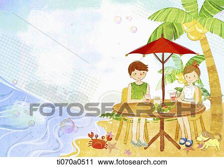 Clip Art - an illustration of a boy and a girl on the beach. Fotosearch