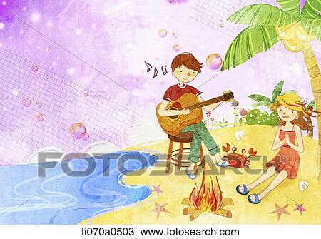 Drawing - an illustration of a boy and a girl on the beach. Fotosearch