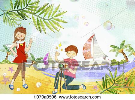 an illustration of a boy and a girl on the beach View Large Illustration Stock Illustration - an illustration of a boy and a girl on the beach. Fotosearch