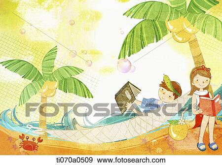 an illustration of a boy and a girl on the beach View Large Illustration Stock Illustration - an illustration of a boy and a girl on the beach. Fotosearch