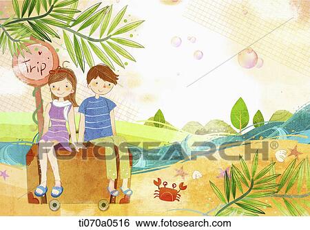 an illustration of a boy and a girl on the beach View Large Illustration Stock Illustration - an illustration of a boy and a girl on the beach. Fotosearch