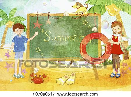 an illustration of a boy and a girl on the beach View Large Illustration Stock Illustration - an illustration of a boy and a girl on the beach. Fotosearch