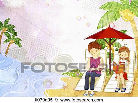 an illustration of a boy and a girl on the beach View Large Illustration Stock Illustration - an illustration of a boy and a girl on the beach. Fotosearch