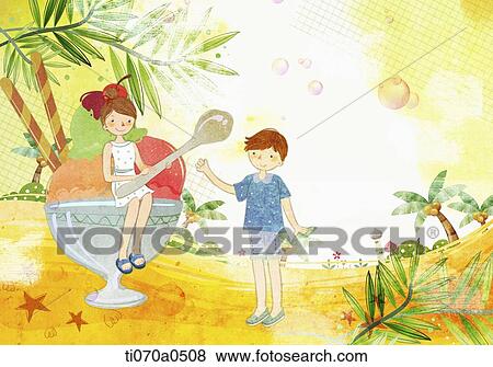 an illustration of a boy and a girl having ice cream View Large Illustration Stock Illustration - an illustration of a boy and a girl having ice cream. Fotosearch
