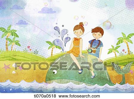 an illustration of a boy and a girl riding a whale View Large Illustration Stock Illustration - an illustration of a boy and a girl riding a whale. Fotosearch