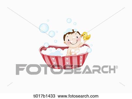 Drawing - an illustration of a boy bathing. Fotosearch