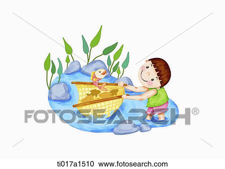 Clipart - an illustration of a boy catching fish. Fotosearch