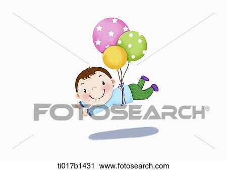 Clip Art - an illustration of a boy flying with balloons. Fotosearch
