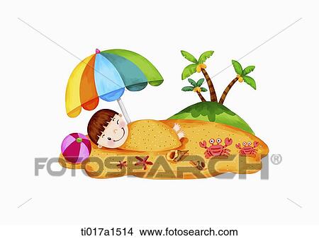 an illustration of a boy on a beach View Large Illustration Stock Illustration - an illustration of a boy on a beach. Fotosearch