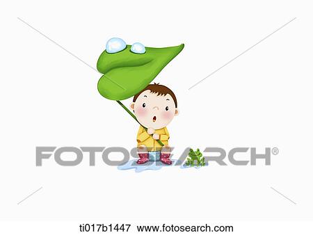 Stock Illustration - an illustration of a boy playing with a leaf. Fotosearch