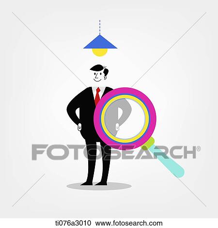 Clipart - an illustration of a business man behind a magnifying glass. Fotosearch