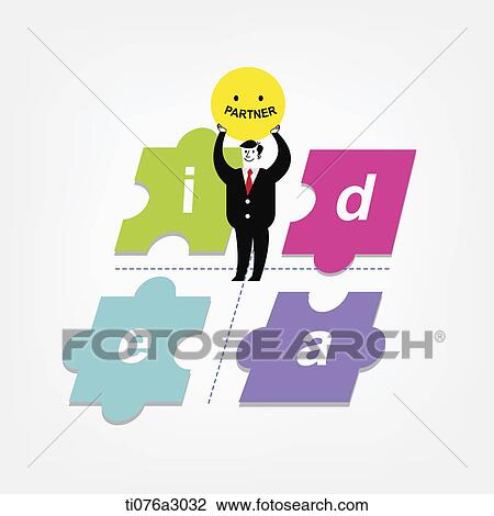 an illustration of a business man standing between puzzle pieces View Large Illustration Drawing - an illustration of a business man standing between puzzle pieces. Fotosearch