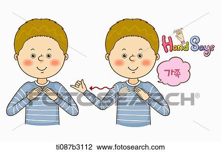 Drawing - an illustration of a child doing sign language. Fotosearch
