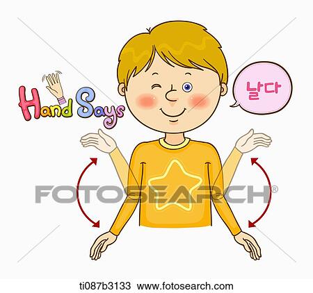 Drawing - an illustration of a child doing sign language. Fotosearch
