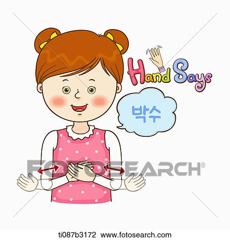 Drawing - an illustration of a child doing sign language. Fotosearch