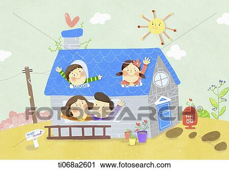 an illustration of a family and their home View Large Illustration Clip Art - an illustration of a family and their home. Fotosearch